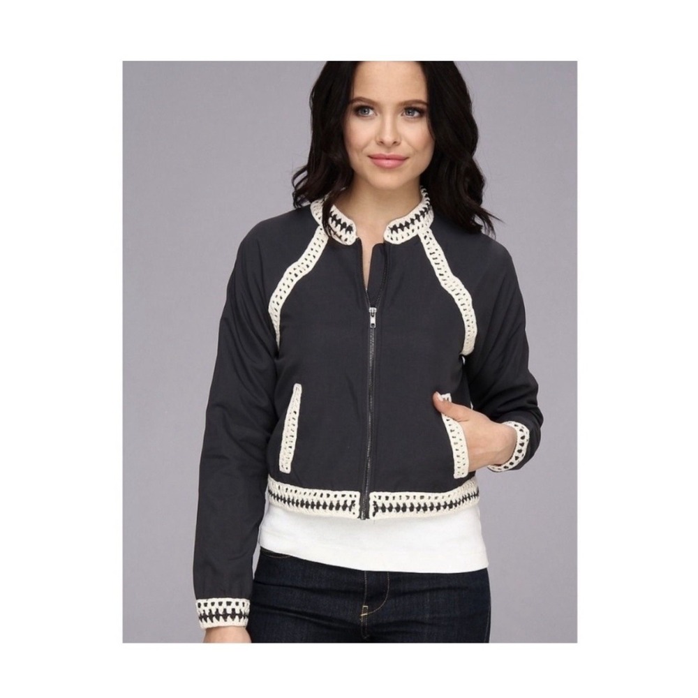 Free People Navy Blue‎ Cream Crochet Trim Zip Bomber Jacket XS Boho Chic
